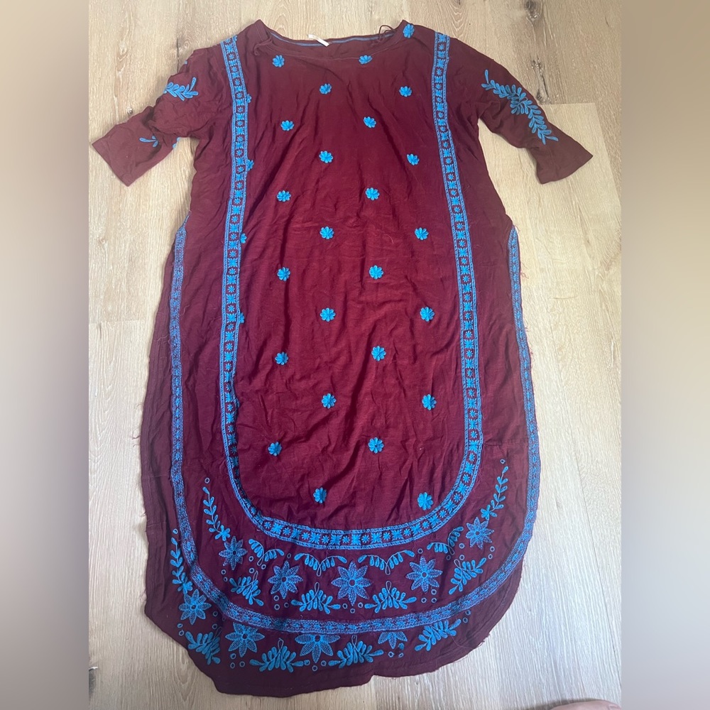 Free People Linen Blend Wine Colored Embroidered Maxi Dress with side slits - Picture 2 of 5